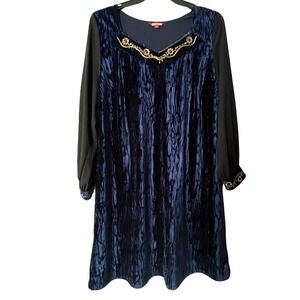 Joe Browns Navy Blue Crushed Velvet Embellished Long Sleeve Dress Size 16